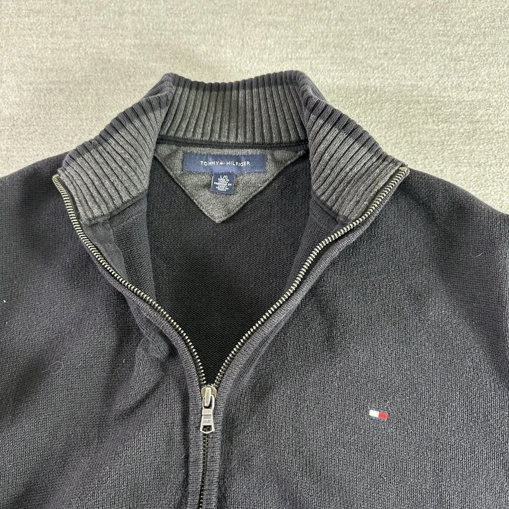 Tommy Hilfiger Sweater‎ Mens Size Large Black Full Zip Knit Mock Neck Pockets - Picture 2 of 6